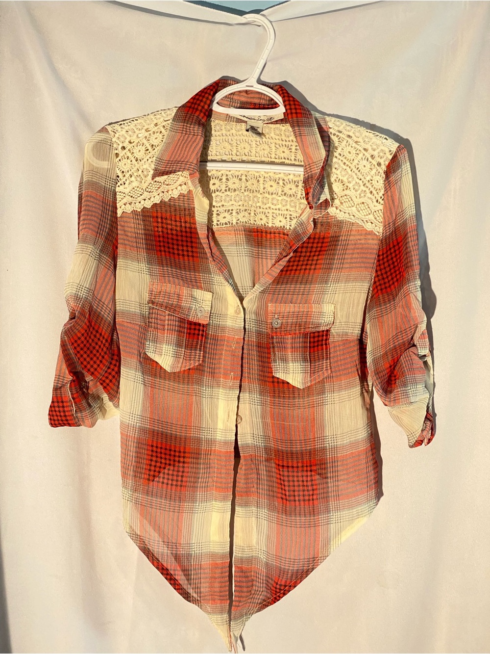 American Rag Red and Cream Plaid Crochet-Yoke Button Down
